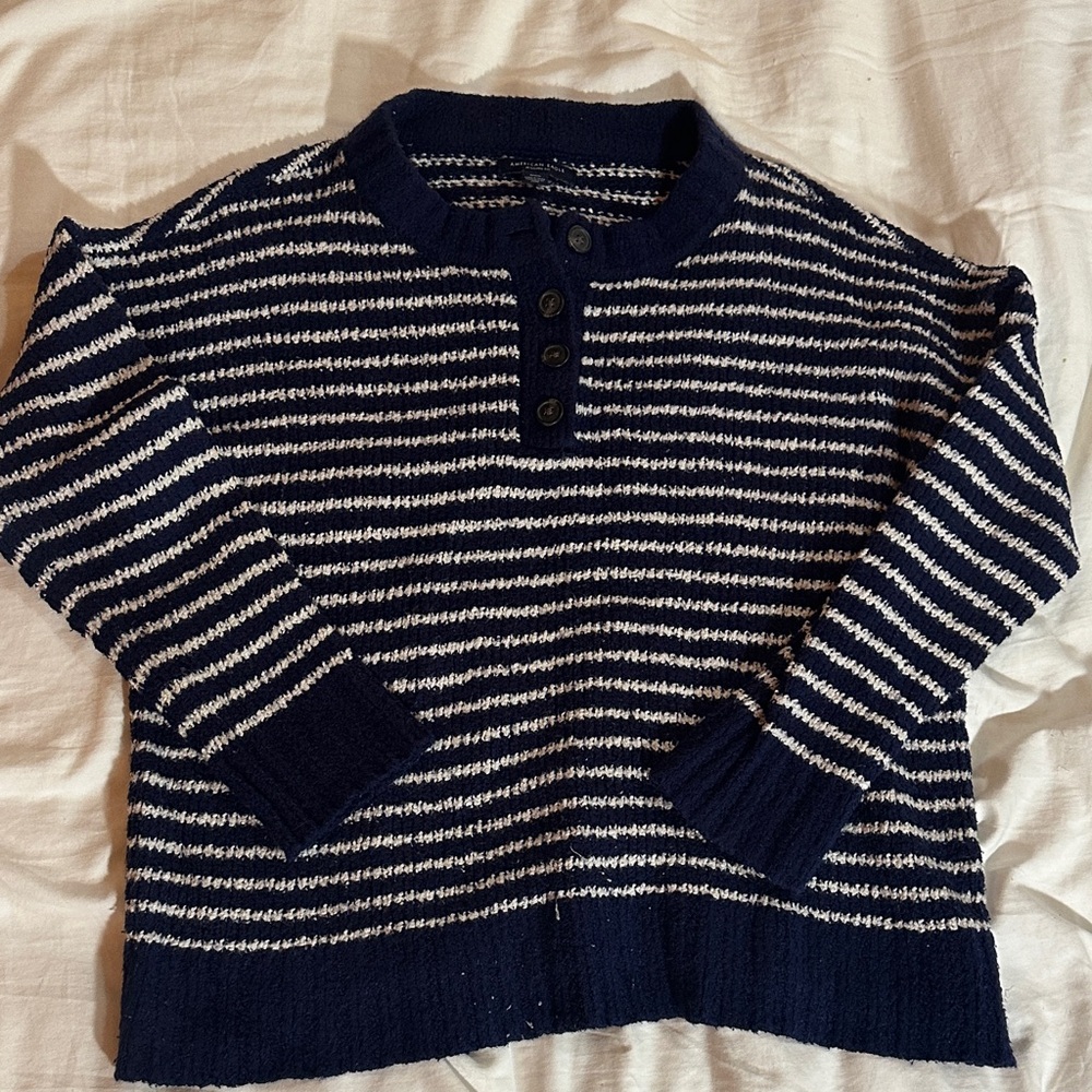 American Eagle Outfitters Navy and White Buttoned Sweater